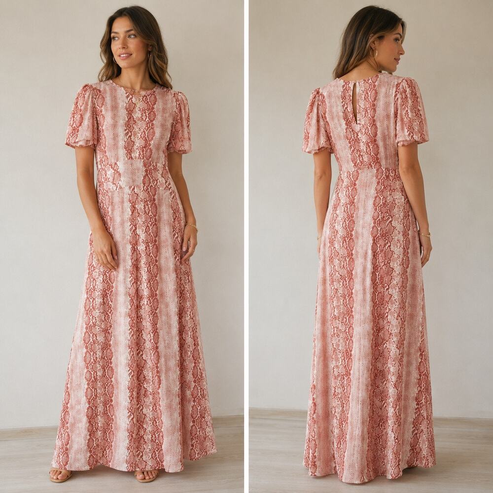 AFRM | Pink White Snakeskin Print Mini Puff Sleeve Maxi Dress Soft | Large